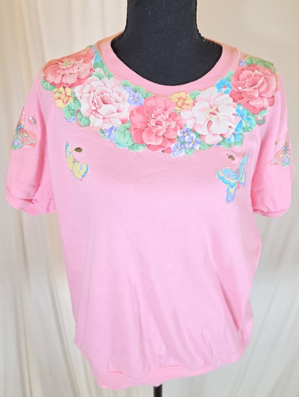 VTG 80s Gitano Woman Pink Hand Painted Floral Butterfly Top Plus Size 42 / 22W